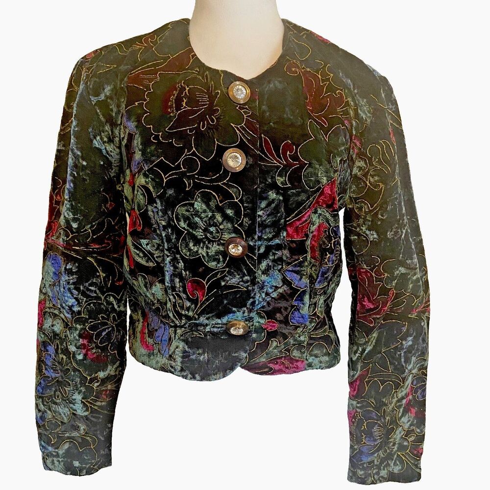 Vtg 80s-90s Rampage Jacket Cropped Button Up Blue & Purple Velvet Floral Sz. M